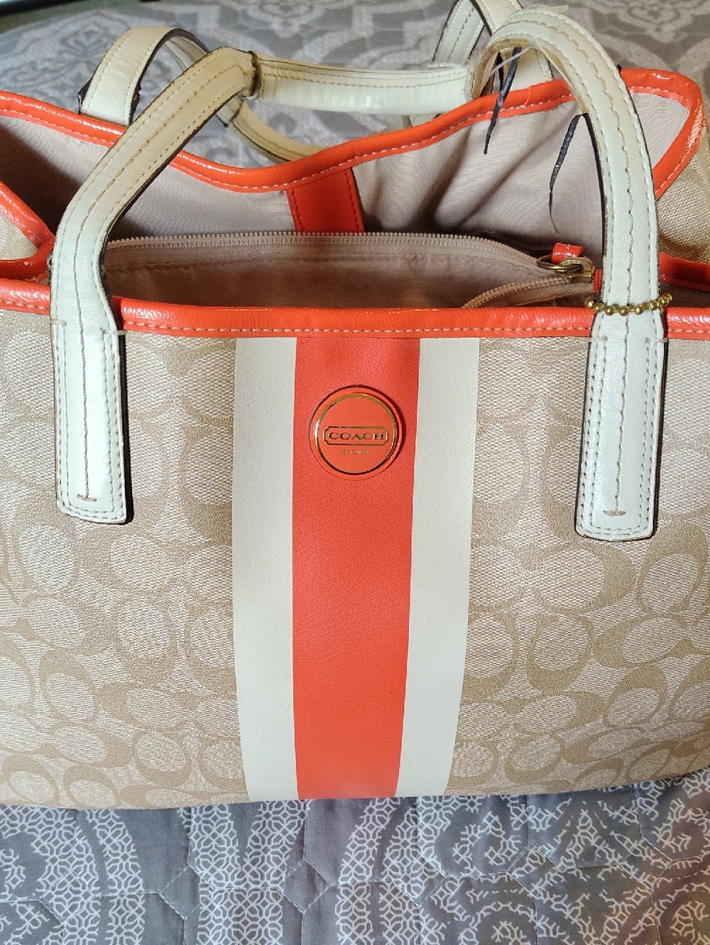 Coach Beige Signature Tote with Orange and Cream Stripe
